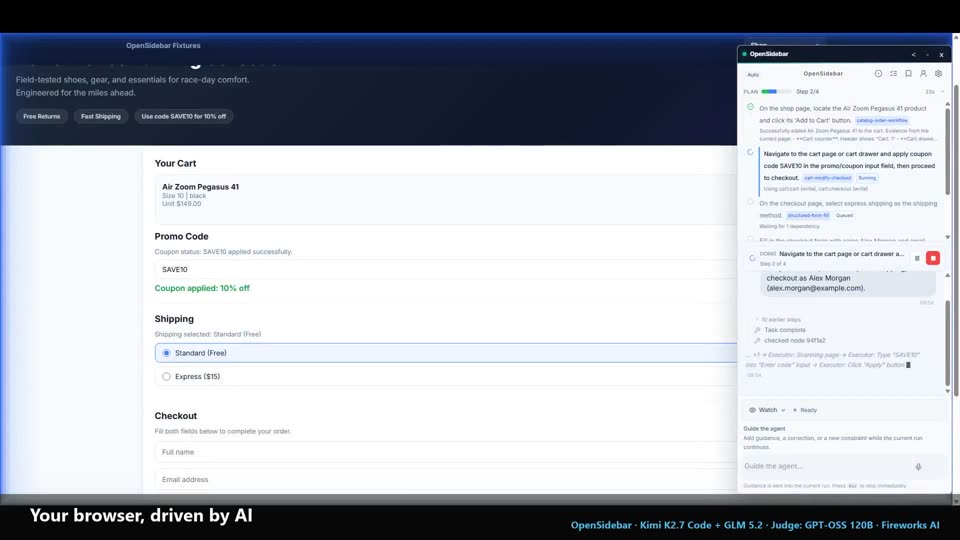 OpenSidebar side panel driving a web task