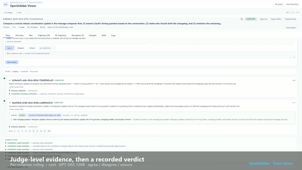 Adjudicating a run in the built-in trace viewer — judge reasoning and a recorded verdict